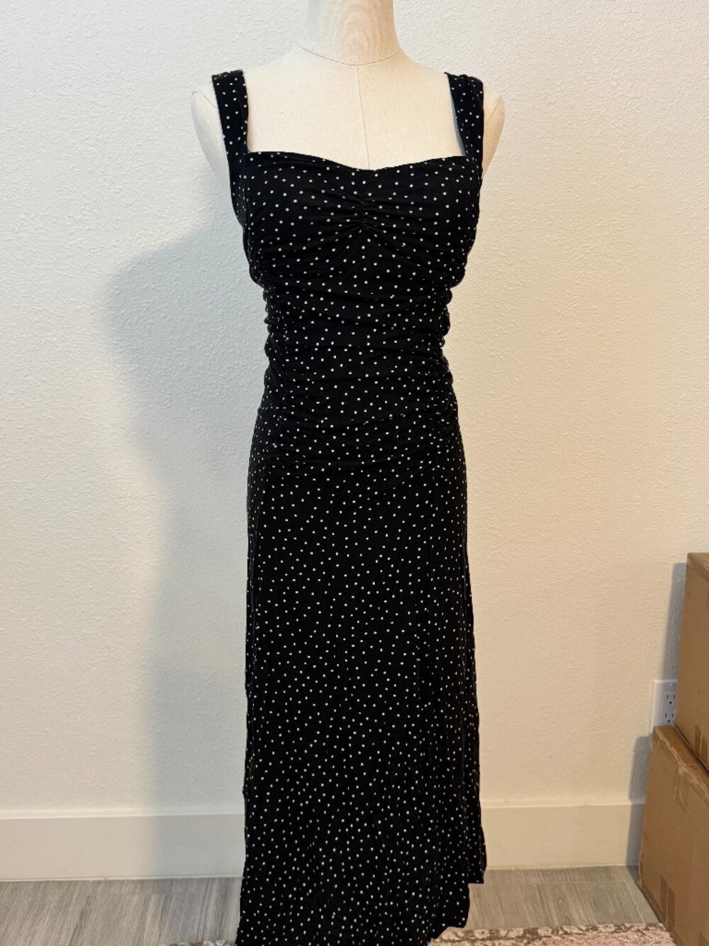 Reformation Black Polka Dot Square Neck Midi Dress S